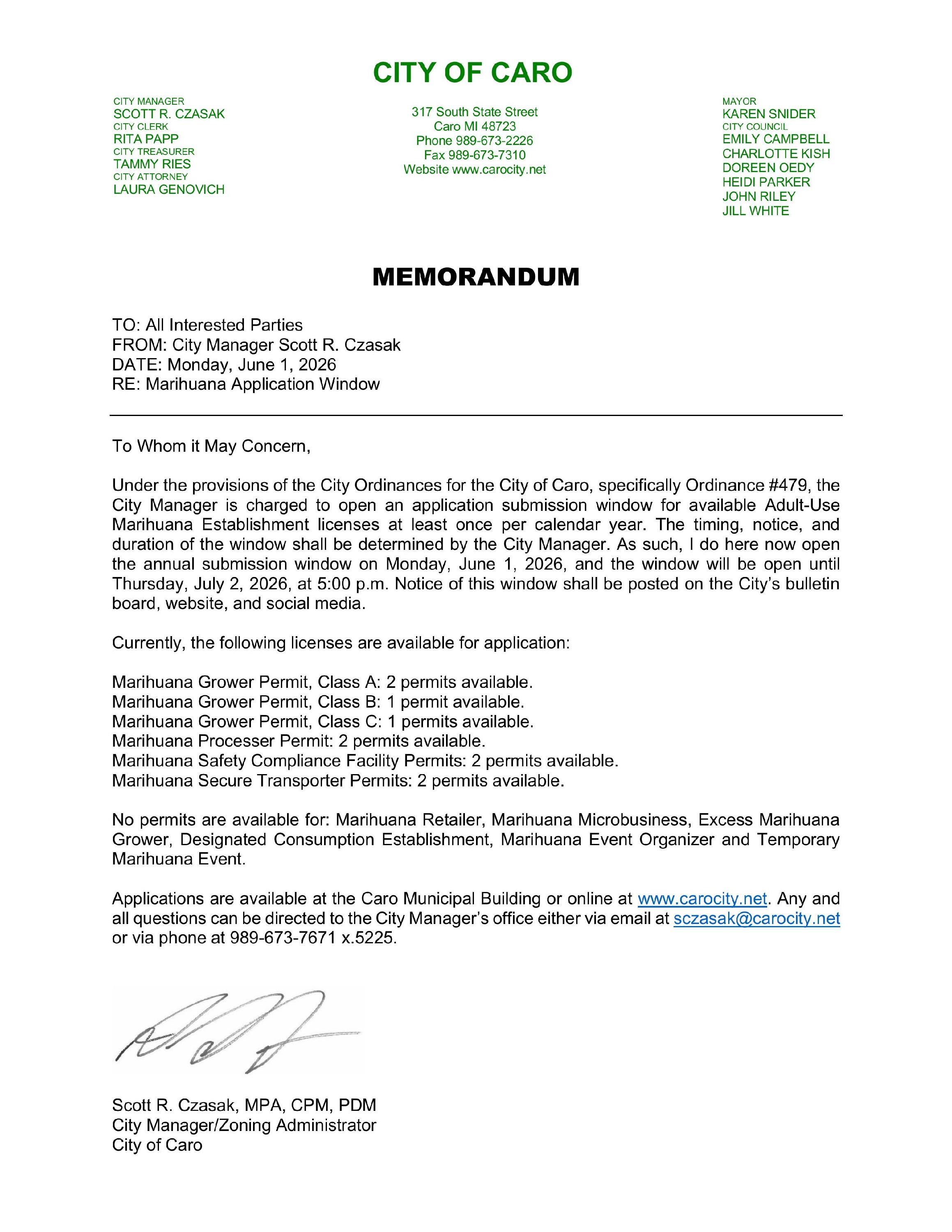 2026 Marihuana Window Opening Letter